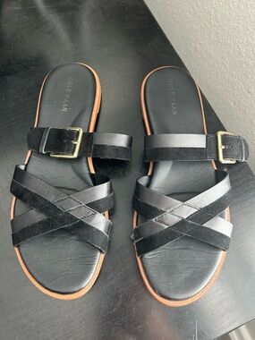Cole Haan Black Leather Crisscross Buckle Slide Sandals
